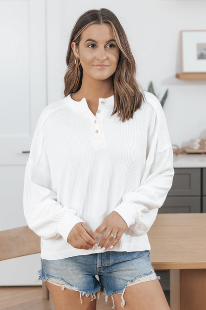 The Relaxed White Rib Knit Henley Top - FINAL SALE