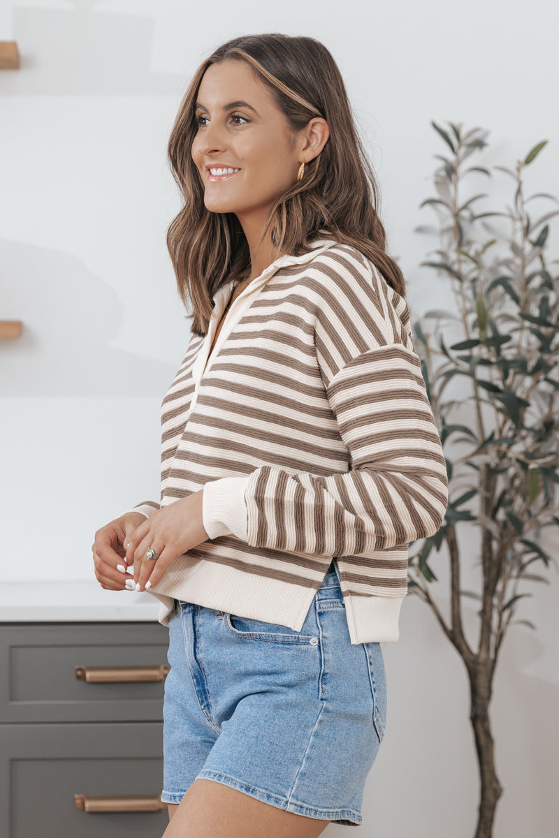 Taupe Split V Neck Striped Sweater