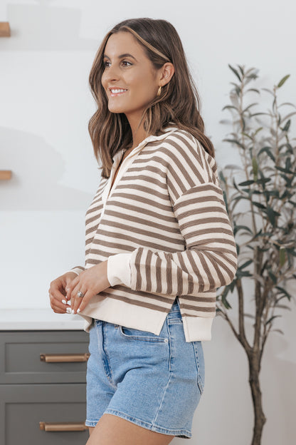 Taupe Split V Neck Striped Sweater - FINAL SALE