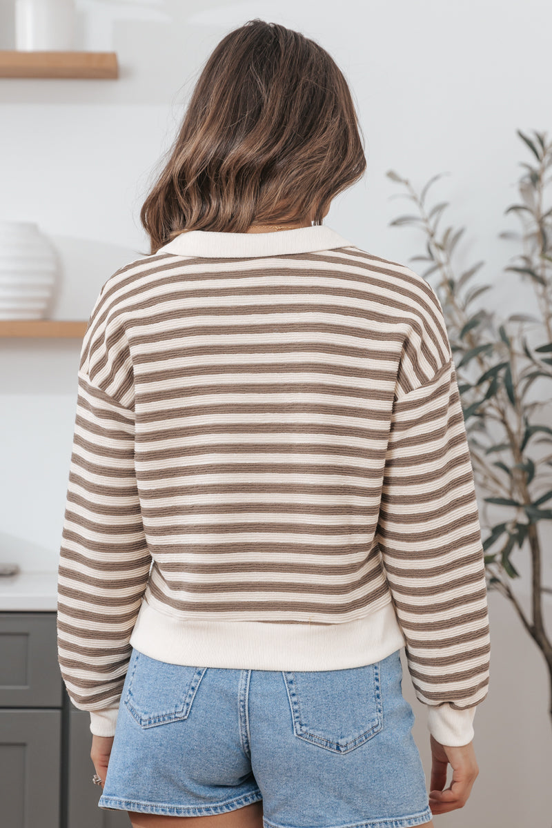 Taupe Split V Neck Striped Sweater