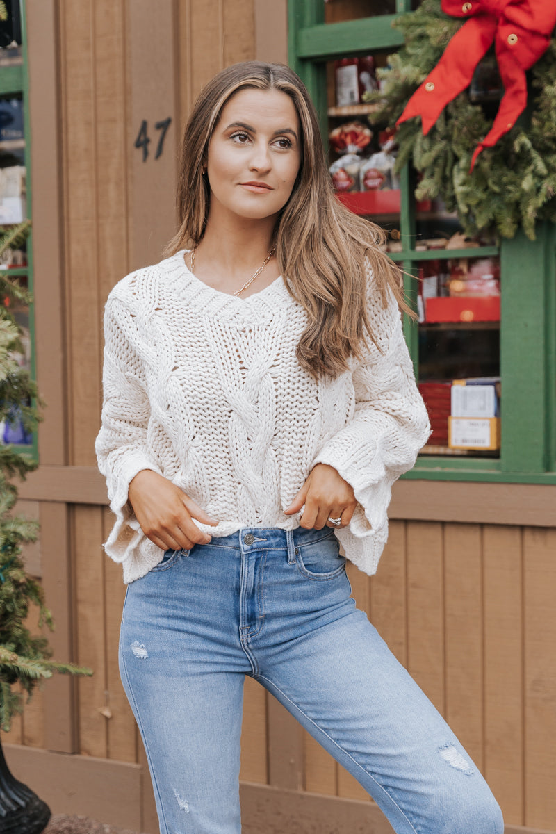 Cream V Neck Cable Knit Sweater