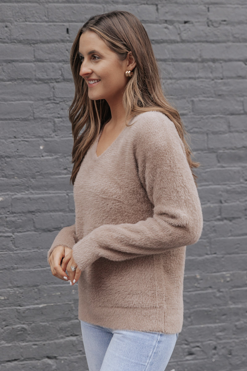 Brown Fuzzy V Neck Sweater - FINAL SALE