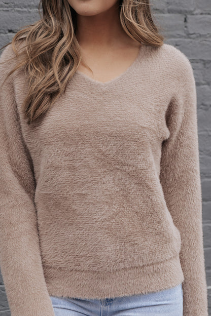 Brown Fuzzy V Neck Sweater - FINAL SALE