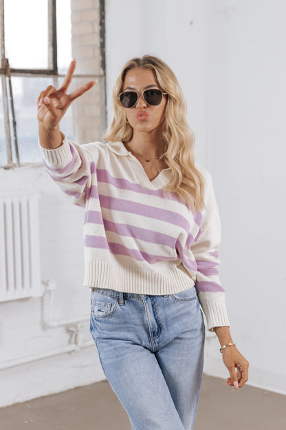 Purple Stripe Collared V Neck Sweater - FINAL SALE