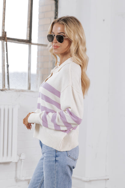 Purple Stripe Collared V Neck Sweater - FINAL SALE