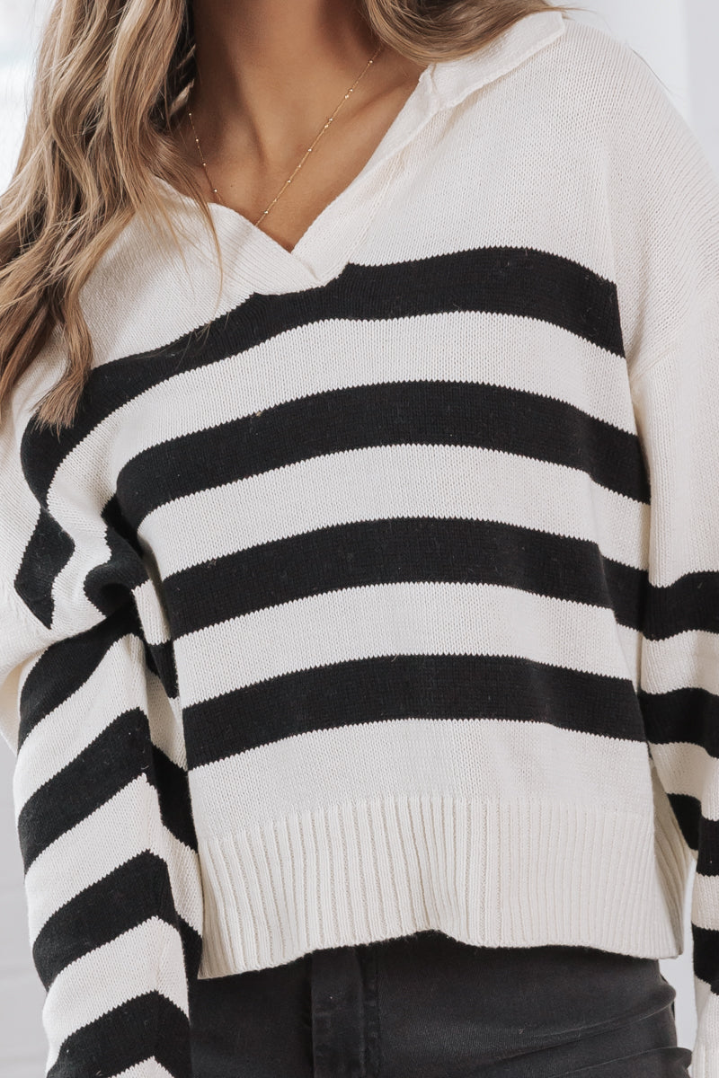 Black Stripe Collared V Neck Sweater - FINAL SALE