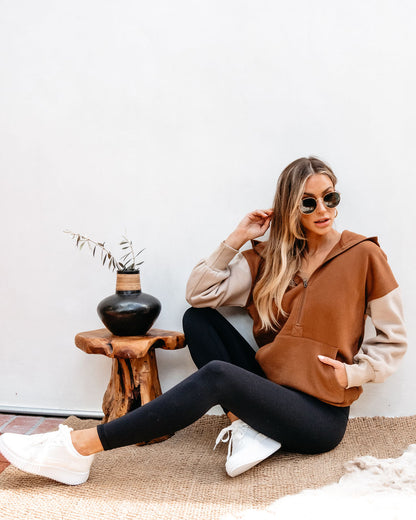 Brown Color Block Half Zip Up Hoodie