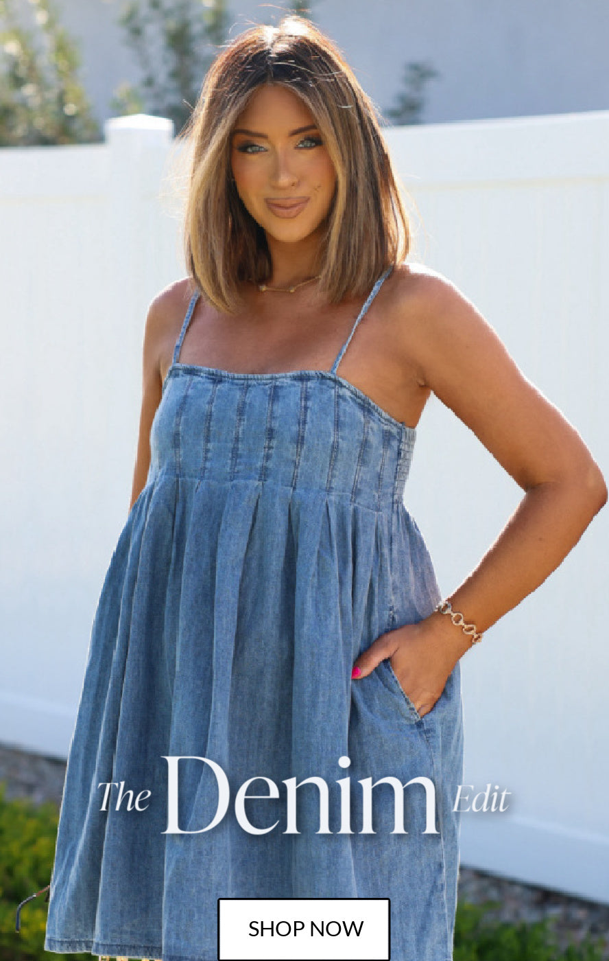 Woman wearing a denim dress with 'The Denim Edit' text and 'Shop Now' button.