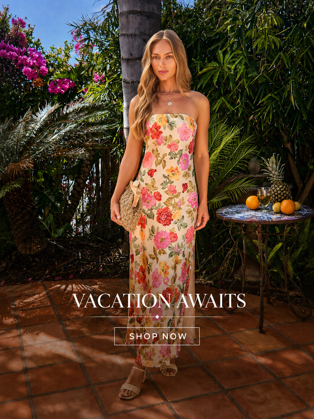 Woman in a floral dress standing in a tropical setting with 'Vacation Awaits' text.