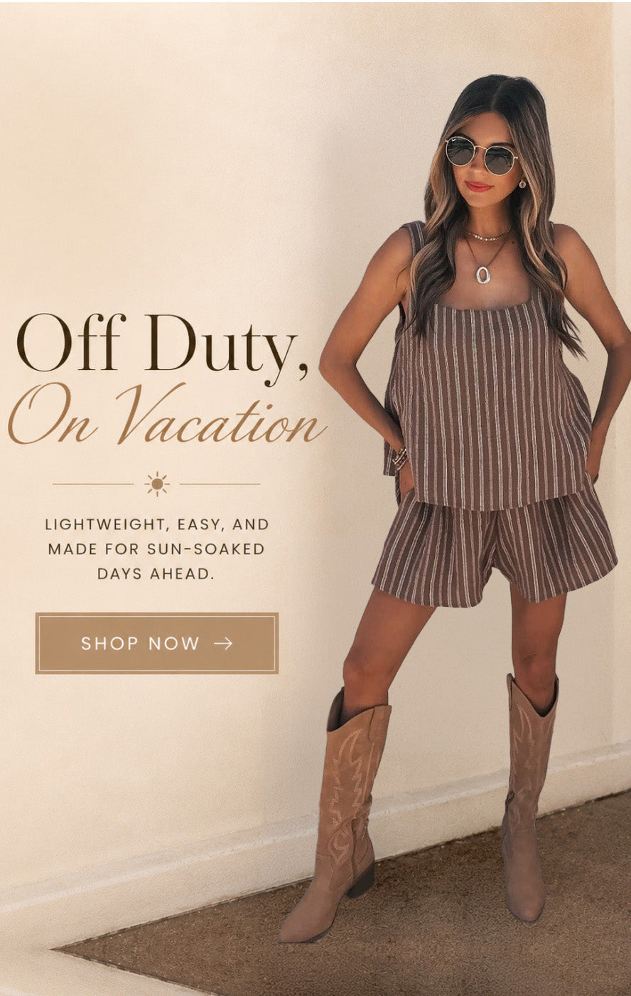 Woman in striped dress and cowboy boots with promotional text on a plain background