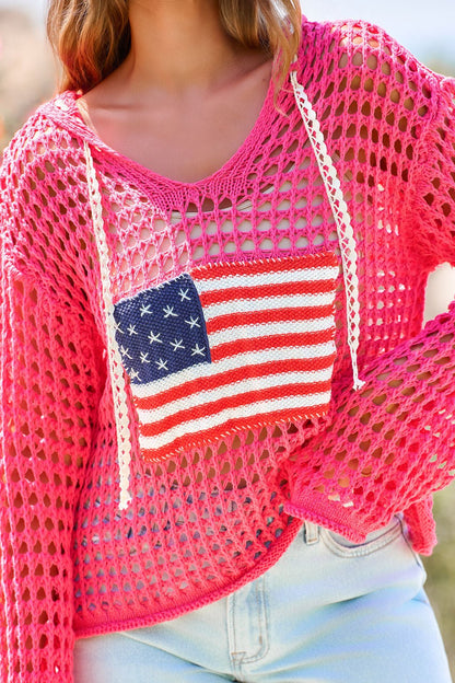 Woman wears the All American Open Knit Hoodie with light blue jeans for a casual, patriotic look.
