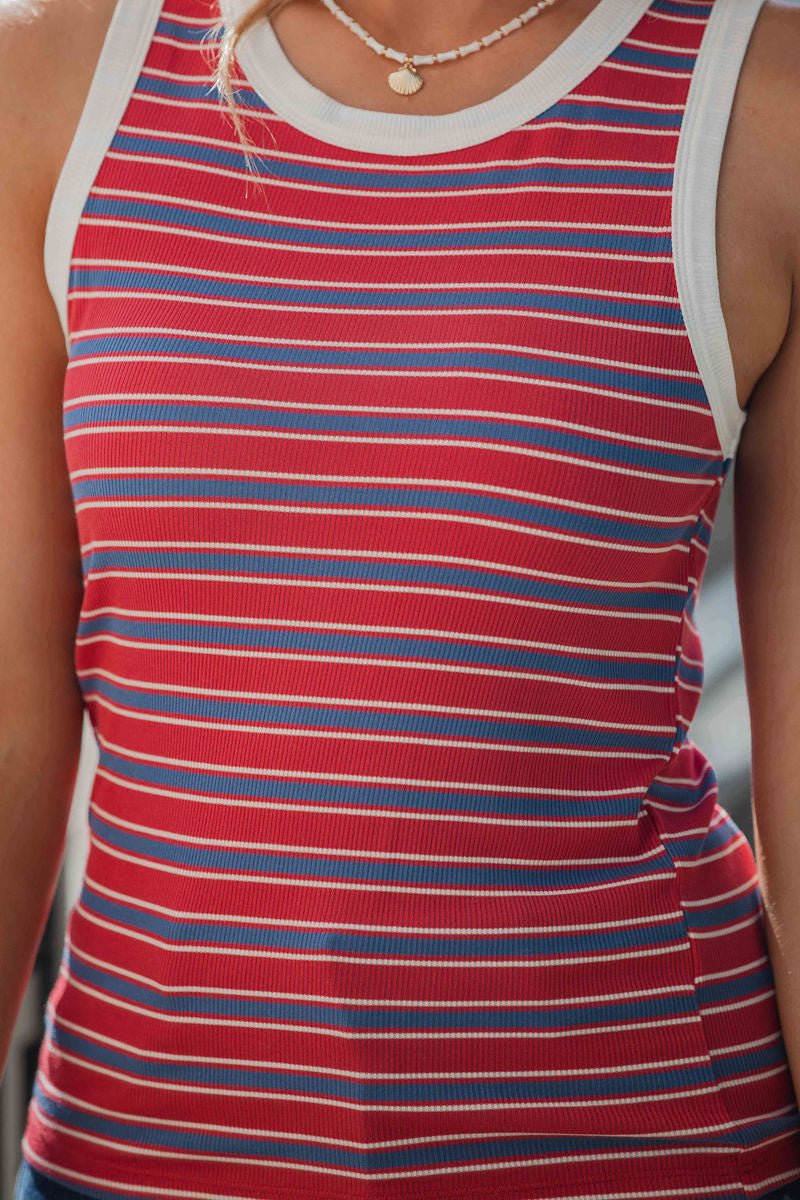 Person wearing the All-Day Stripe Tank Top - Red with white trim and a necklace.