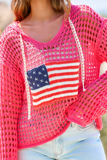 Woman wears the All American Open Knit Hoodie with light blue jeans for a casual, patriotic look.