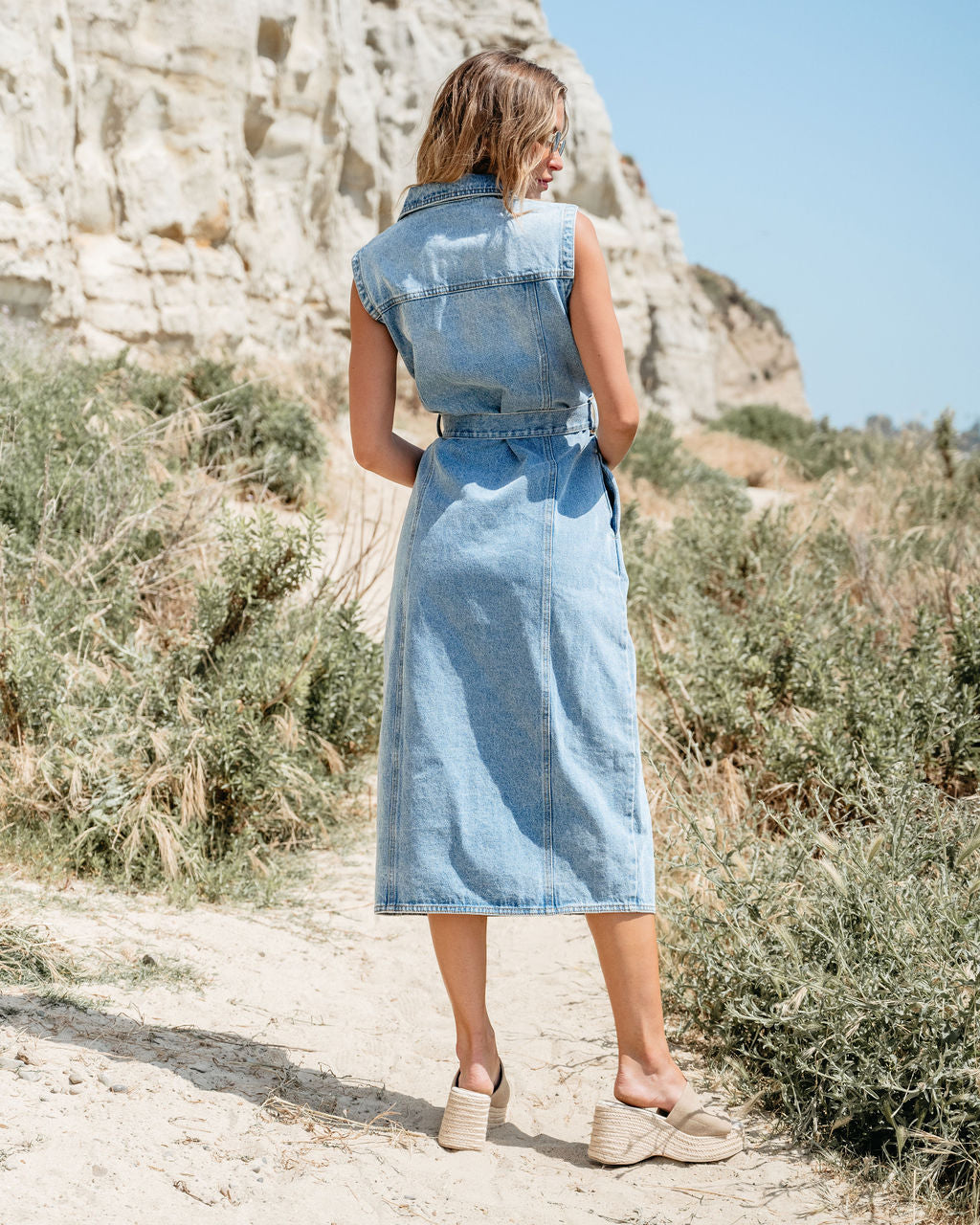 Denim Button Down Belted Midi Dress