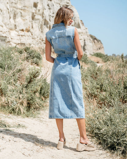 Denim Button Down Belted Midi Dress