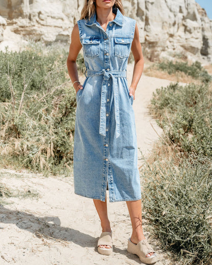 Denim Button Down Belted Midi Dress