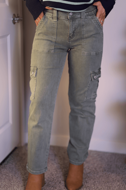 Army Green Cargo Straight Leg Jeans - Magnolia Boutique