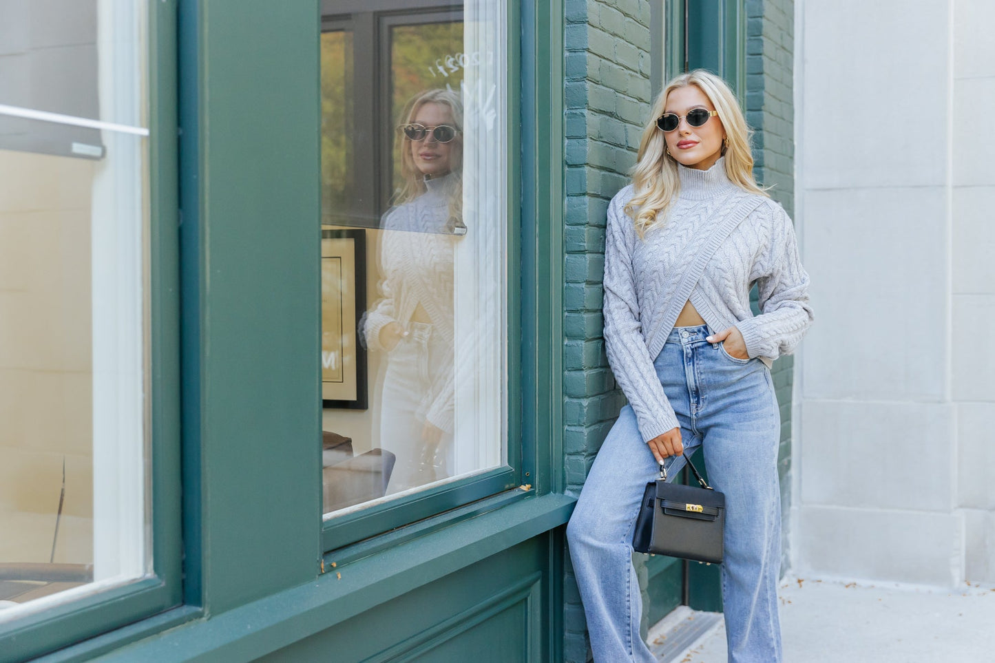 Aureum Crossover Cable Knit Turtleneck Sweater - Heather Grey - Magnolia Boutique