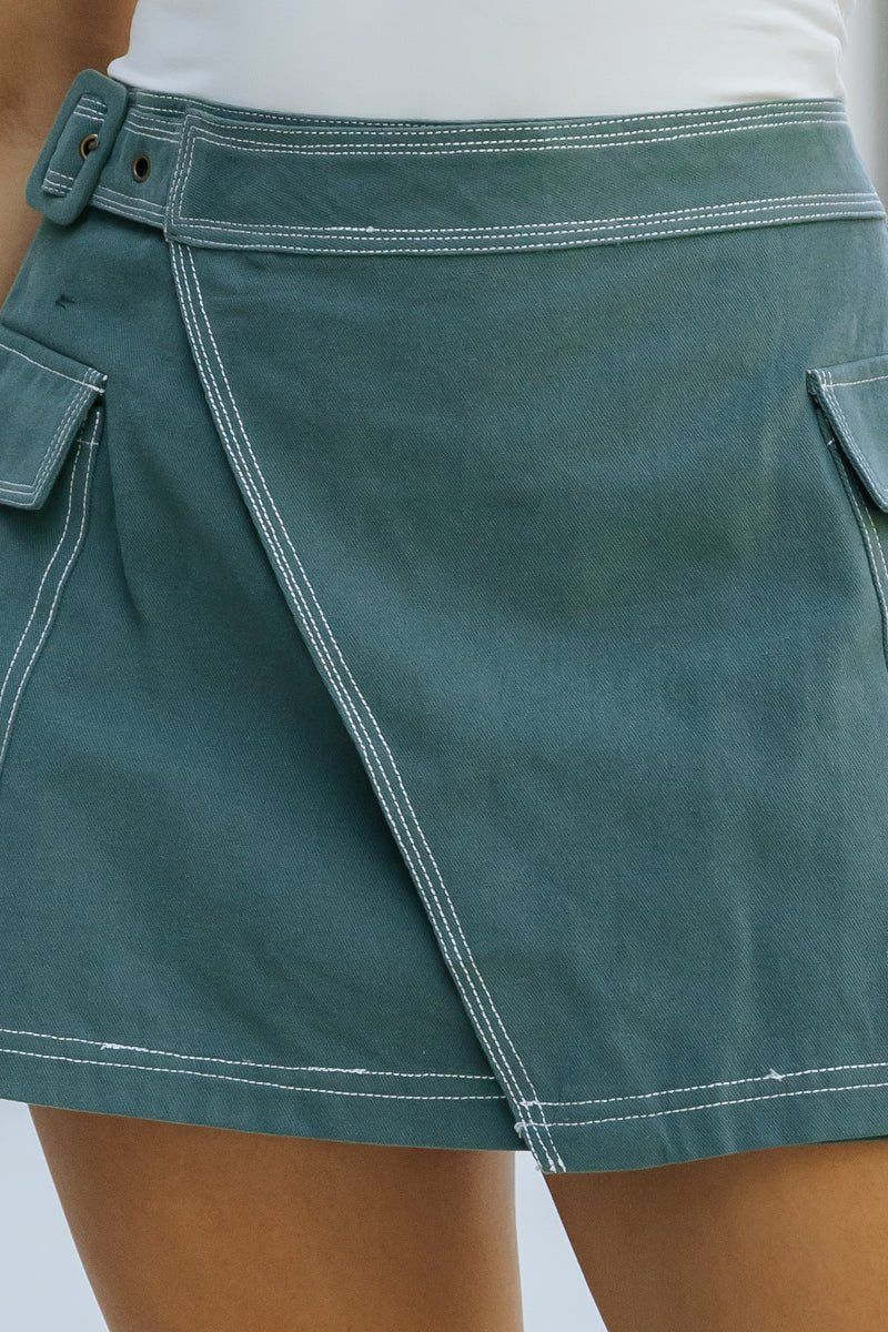 Aureum Green Contrast Stitch Belted Skirt - Magnolia Boutique