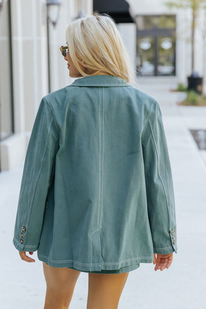 Aureum Green Contrast Stitch Buttoned Blazer - Magnolia Boutique