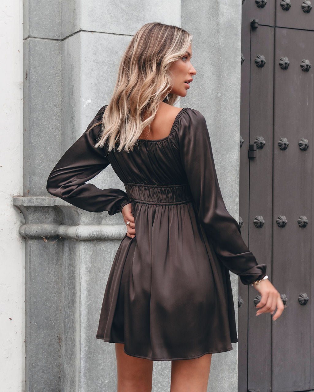 Autumn Soiree V Neck Mini Dress - Dark Brown - Magnolia Boutique