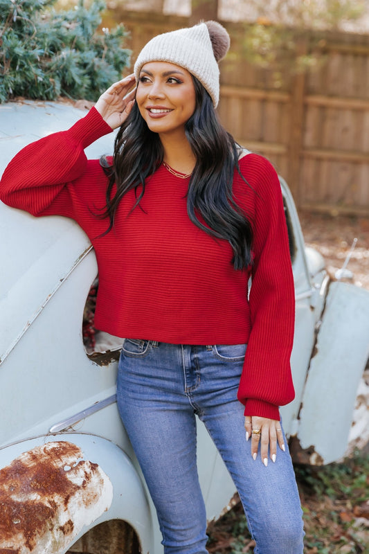 Avery Ribbed Boat Neck Sweater - Red - Magnolia Boutique