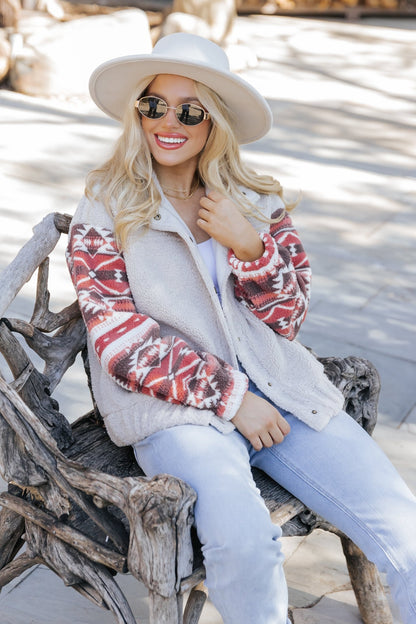 Aztec Print Teddy Jacket - Taupe - Magnolia Boutique