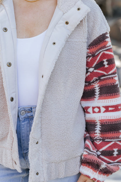 Aztec Print Teddy Jacket - Taupe - Magnolia Boutique