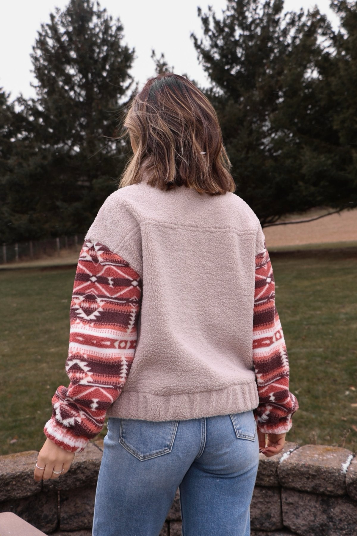 Aztec Print Teddy Jacket - Taupe - Magnolia Boutique