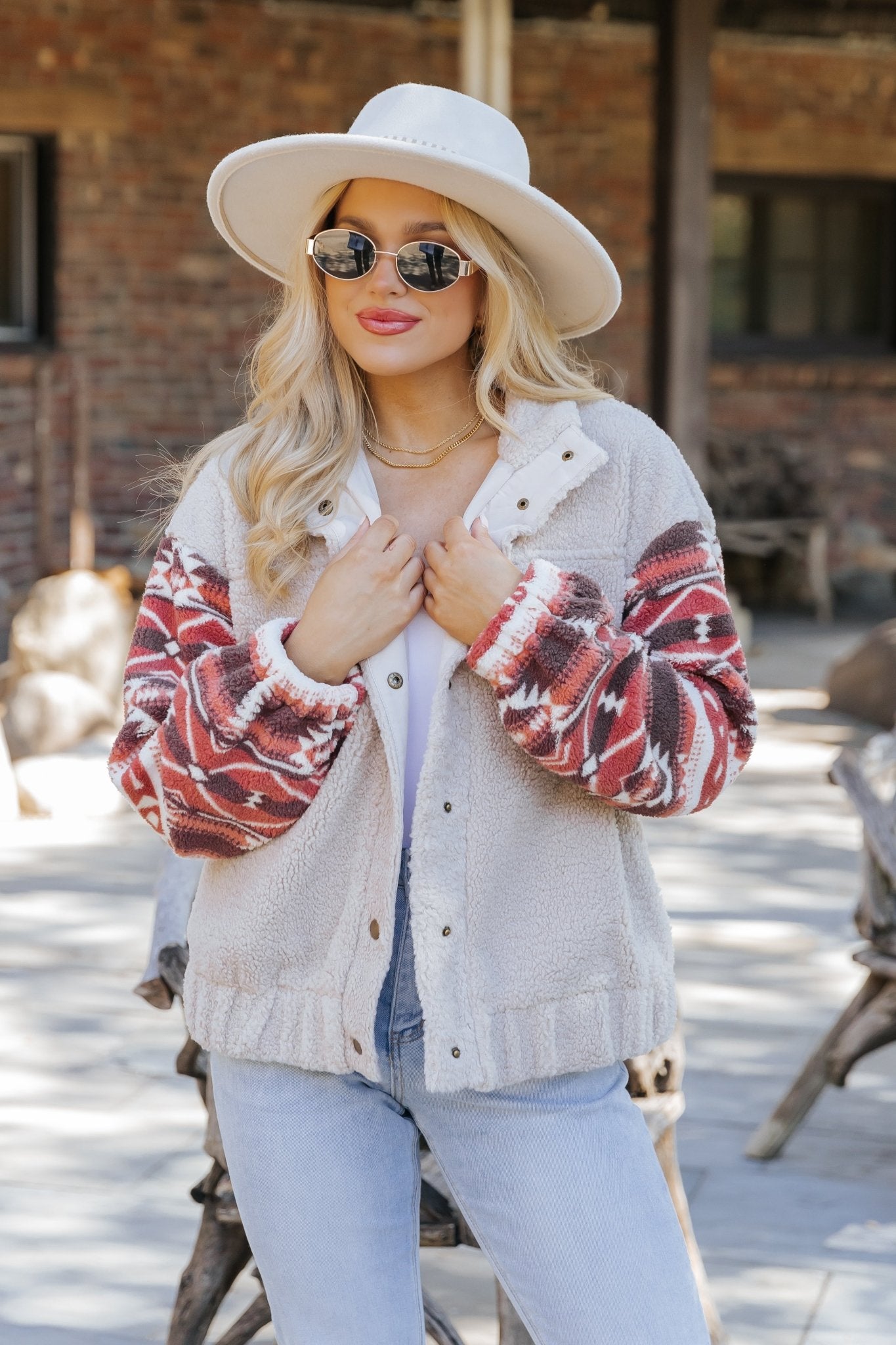 Aztec Print Teddy Jacket - Taupe - Magnolia Boutique