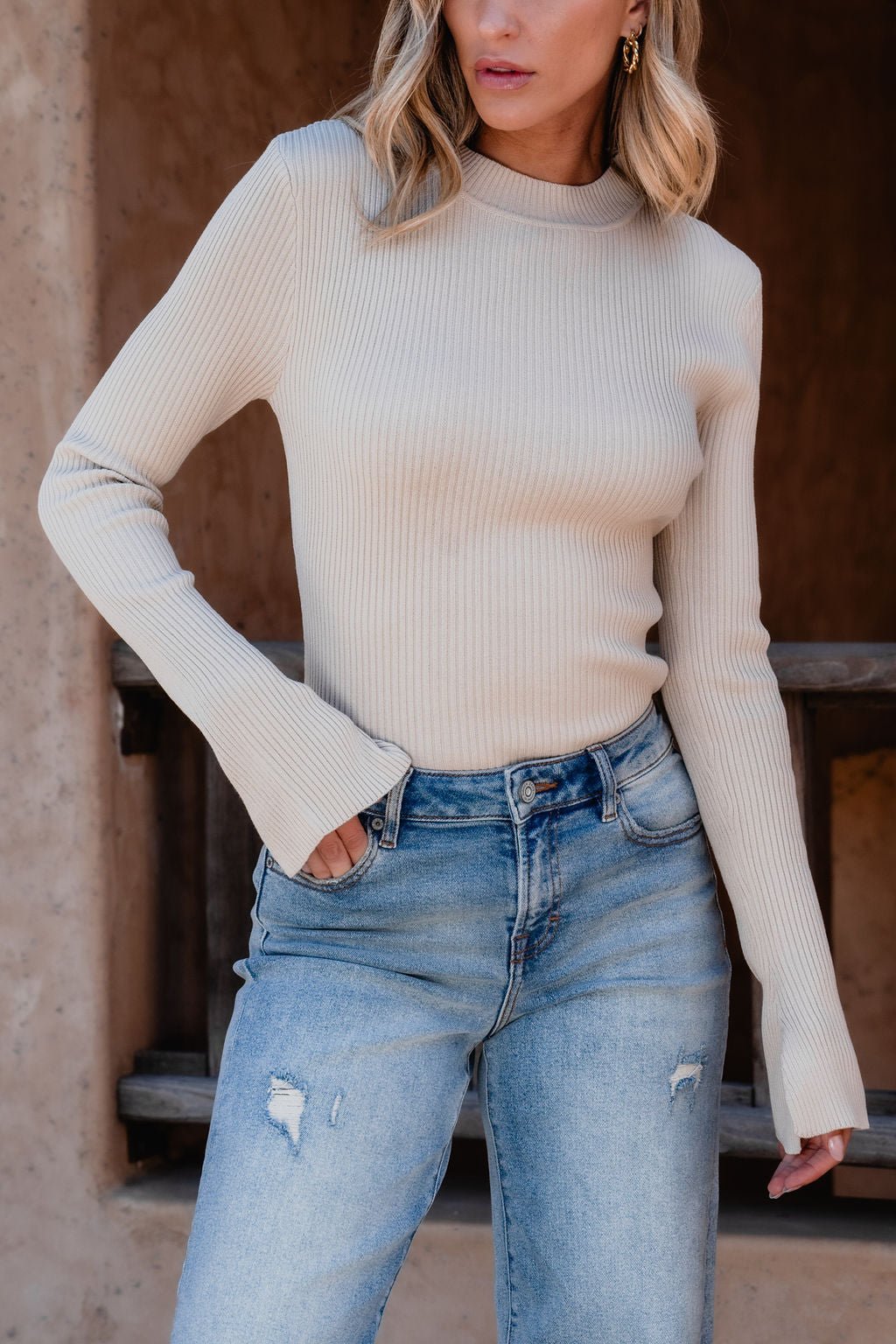 Basic Fitted Mock Neck Top - Taupe - Magnolia Boutique