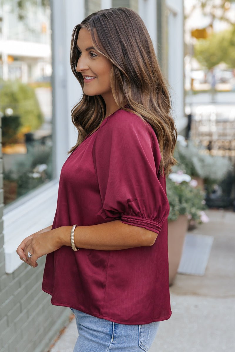 Be Seeing You Puff Sleeve Satin Top - Wine - Magnolia Boutique