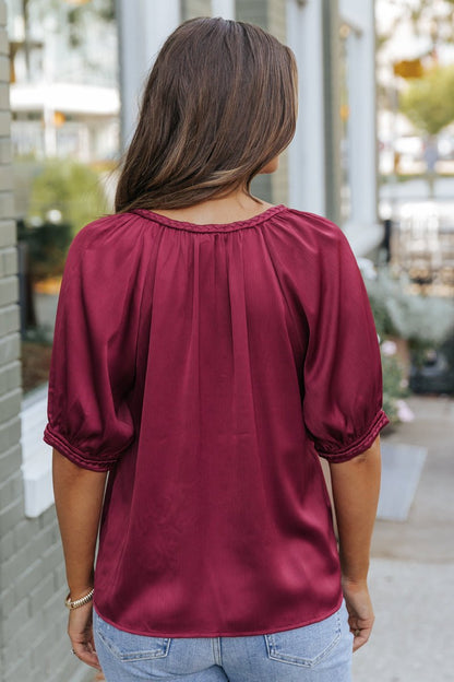 Be Seeing You Puff Sleeve Satin Top - Wine - Magnolia Boutique