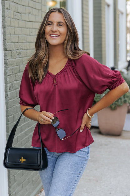 Be Seeing You Puff Sleeve Satin Top - Wine - Magnolia Boutique