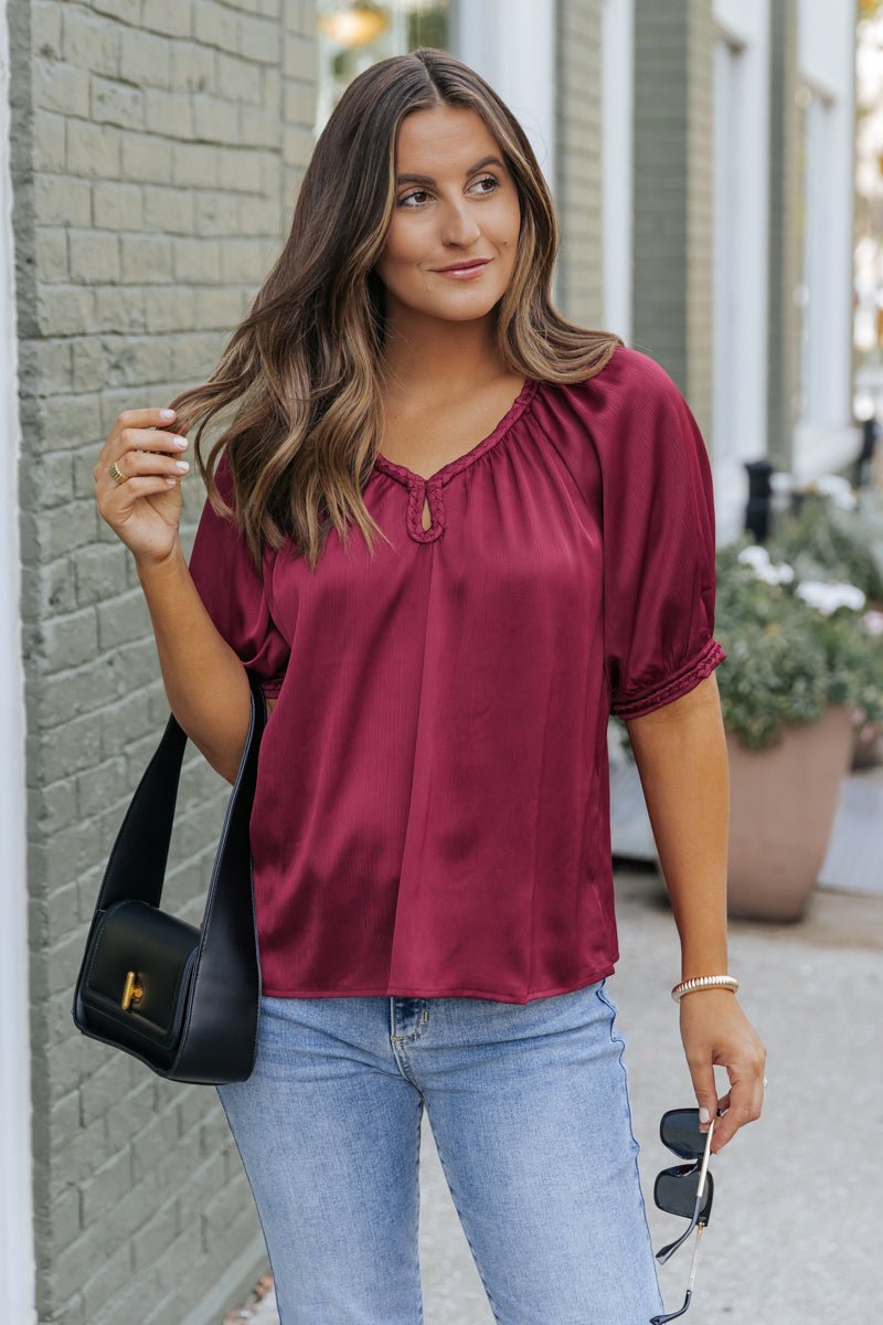 Be Seeing You Puff Sleeve Satin Top - Wine - Magnolia Boutique