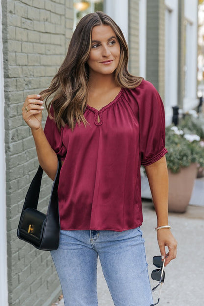 Be Seeing You Puff Sleeve Satin Top - Wine - Magnolia Boutique