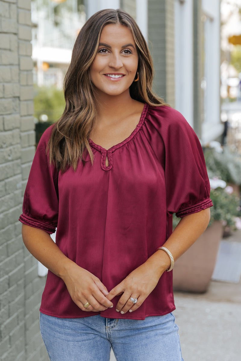 Be Seeing You Puff Sleeve Satin Top - Wine - Magnolia Boutique