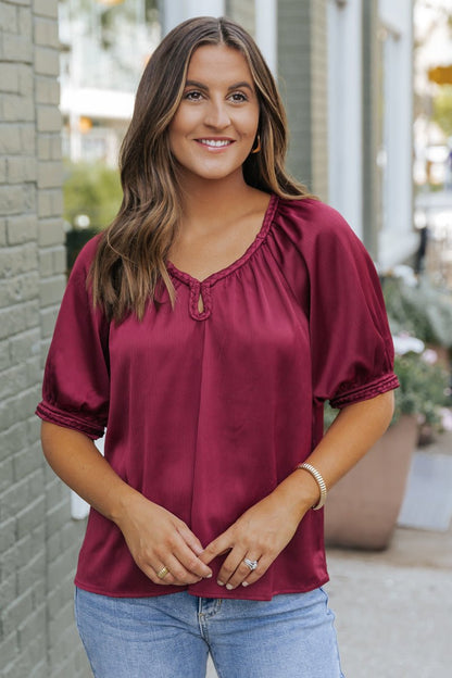 Be Seeing You Puff Sleeve Satin Top - Wine - Magnolia Boutique