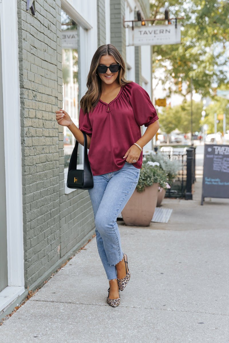 Be Seeing You Puff Sleeve Satin Top - Wine - Magnolia Boutique