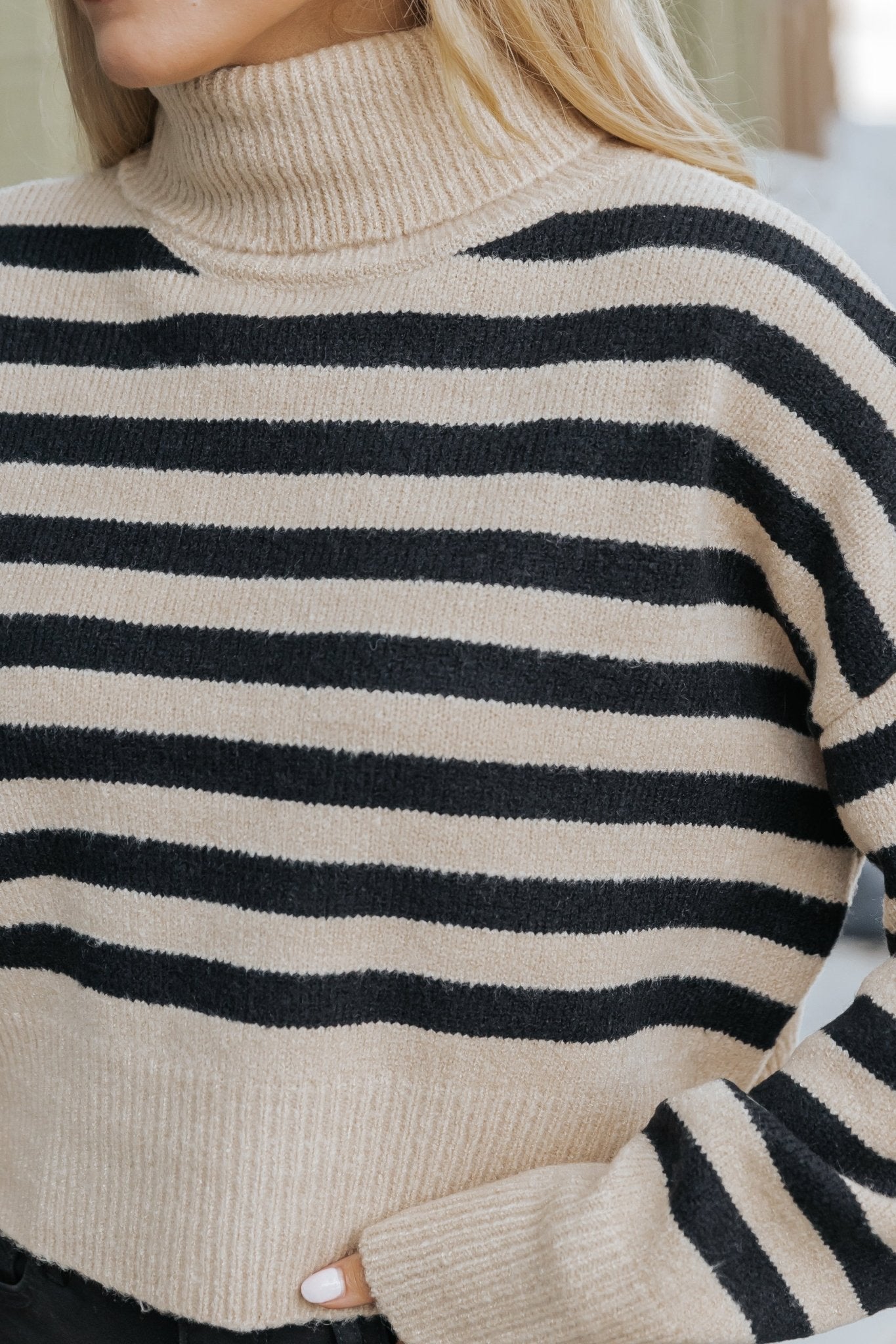 Beige and Black Striped Turtleneck Sweater - Magnolia Boutique