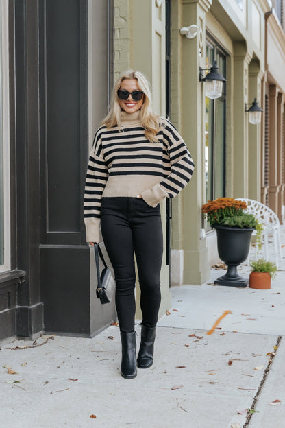 Beige and Black Striped Turtleneck Sweater - Magnolia Boutique