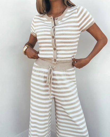 Beige and Ivory Striped Button Down Lounge Top | Pre Order