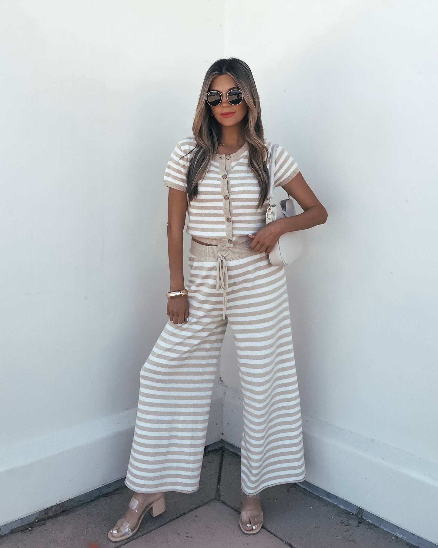 Beige and Ivory Striped Button Down Lounge Top | Pre Order