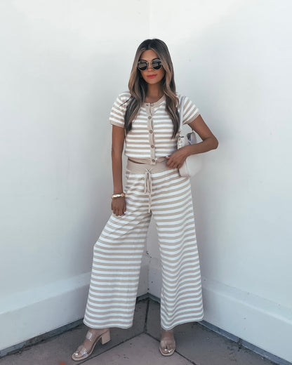 Beige and Ivory Striped Button Down Lounge Top | Pre Order