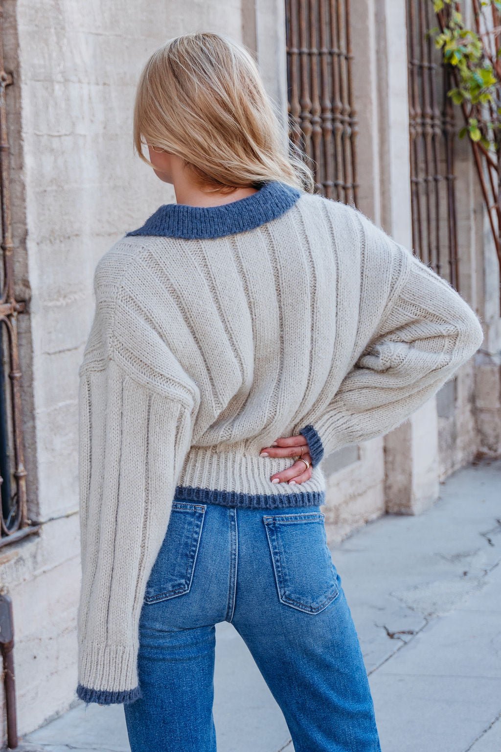 A person with blonde hair wears the Beige & Blue Button Up Sweater and blue jeans, standing outdoors with their back to the camera.