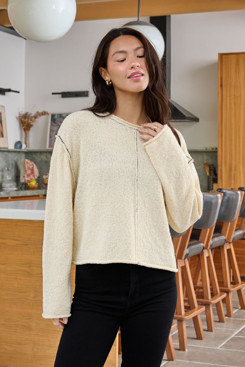 Beige Contrast Stitch Detail Sweater