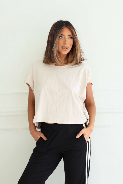 Beige Cotton Slub Open Back Top