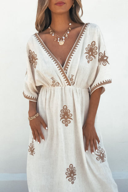 linen embroidered dress Beige Floral Embroidered Linen Maxi Dress Large/Extra Large | Women's Online Boutique | Boho Chic Style