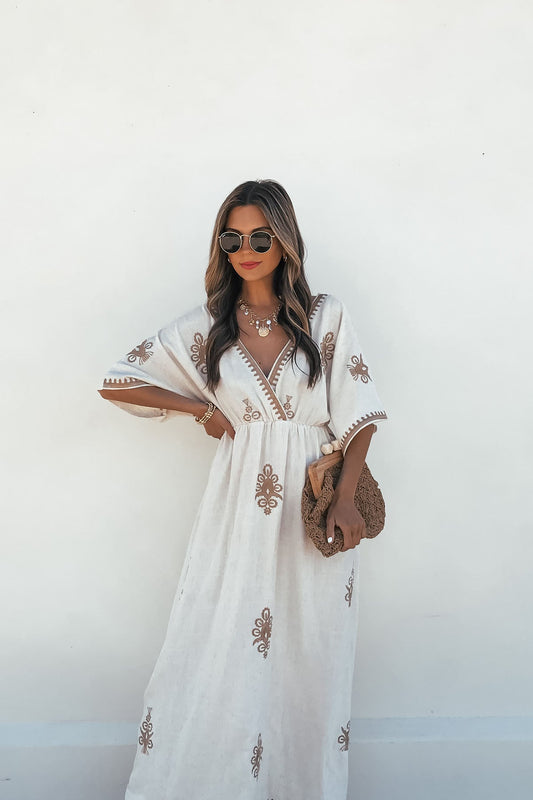 Beige Floral Embroidered Linen Maxi Dress - Magnolia Boutique