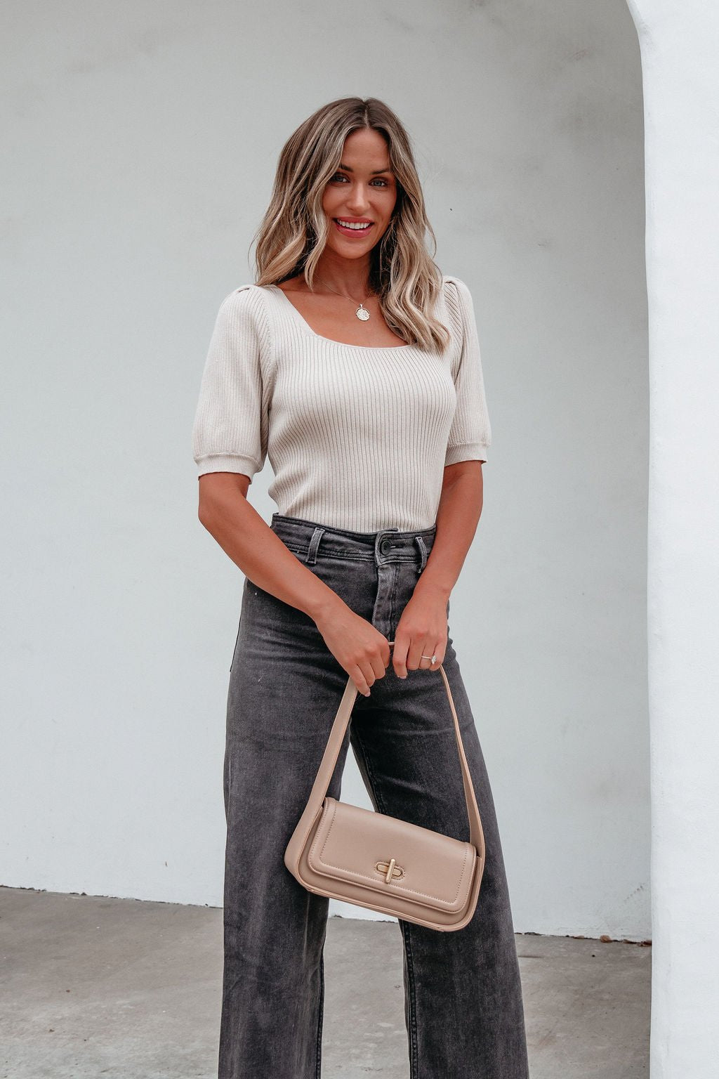 Beige Puff Sleeve Ribbed Sweater Top - Magnolia Boutique